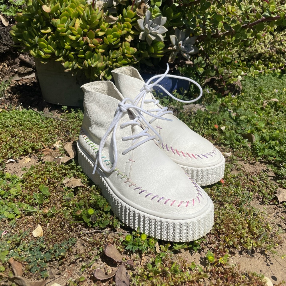 Charlotte Stone "Darcy" Leather Platform HighTop Sneaker with rainbow stitching